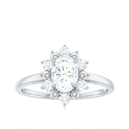 Certified Oval Moissanite Flower Halo Engagement Ring
