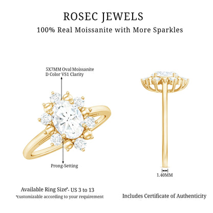 Certified Oval Moissanite Flower Halo Engagement Ring