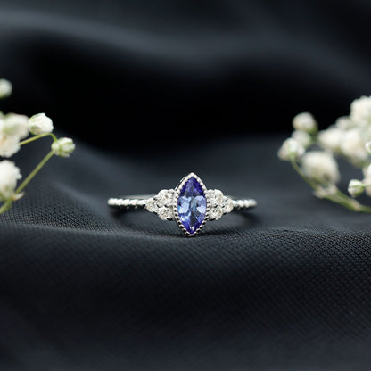 Vintage Style Marquise Tanzanite Promise Ring with Diamond Trio