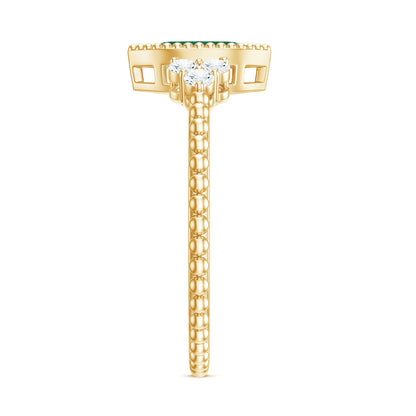 Vintage Inspired Emerald Promise Engagement Ring with Trio Diamond