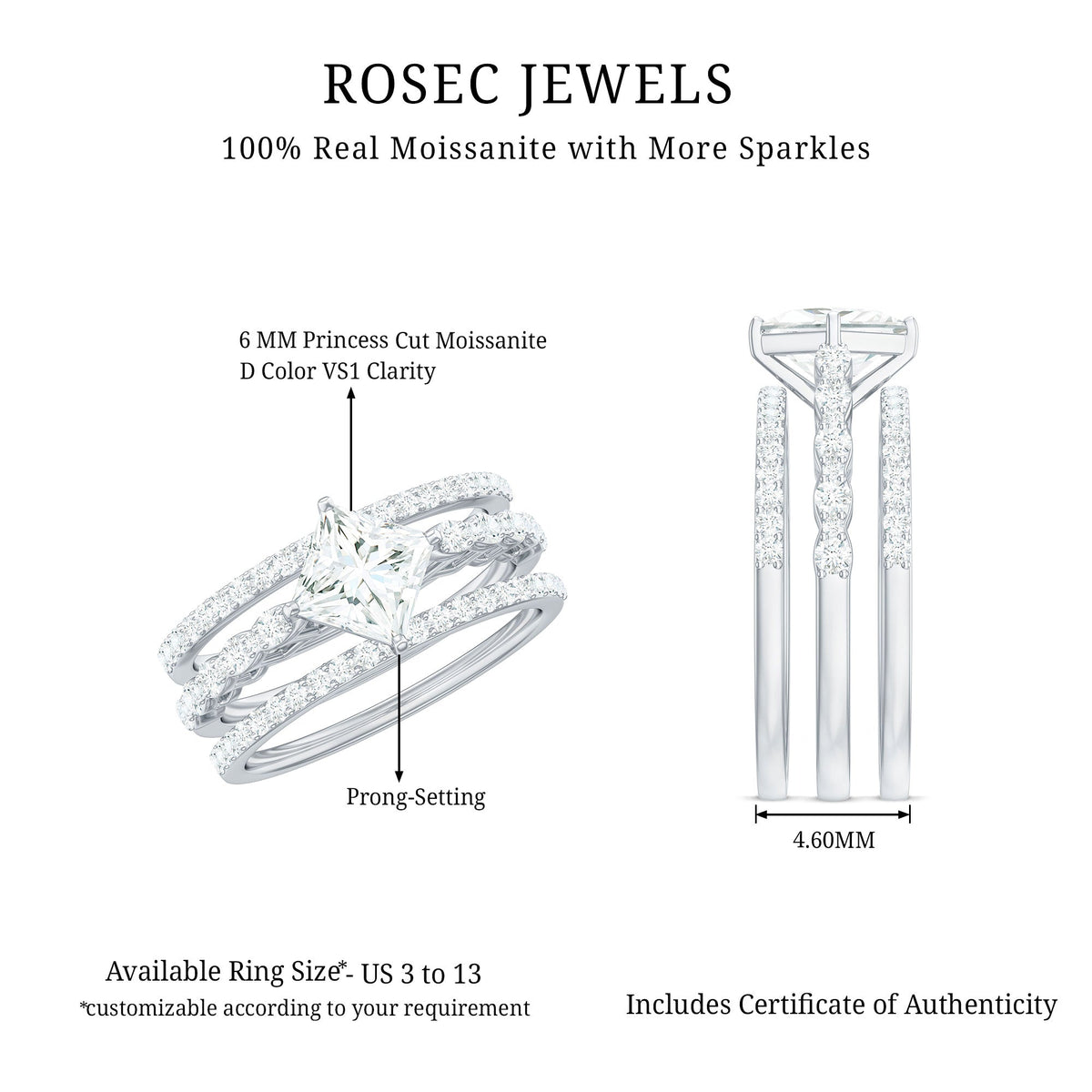 1.25 Carat Princess Cut Moissanite 3 Piece Bridal Ring Set