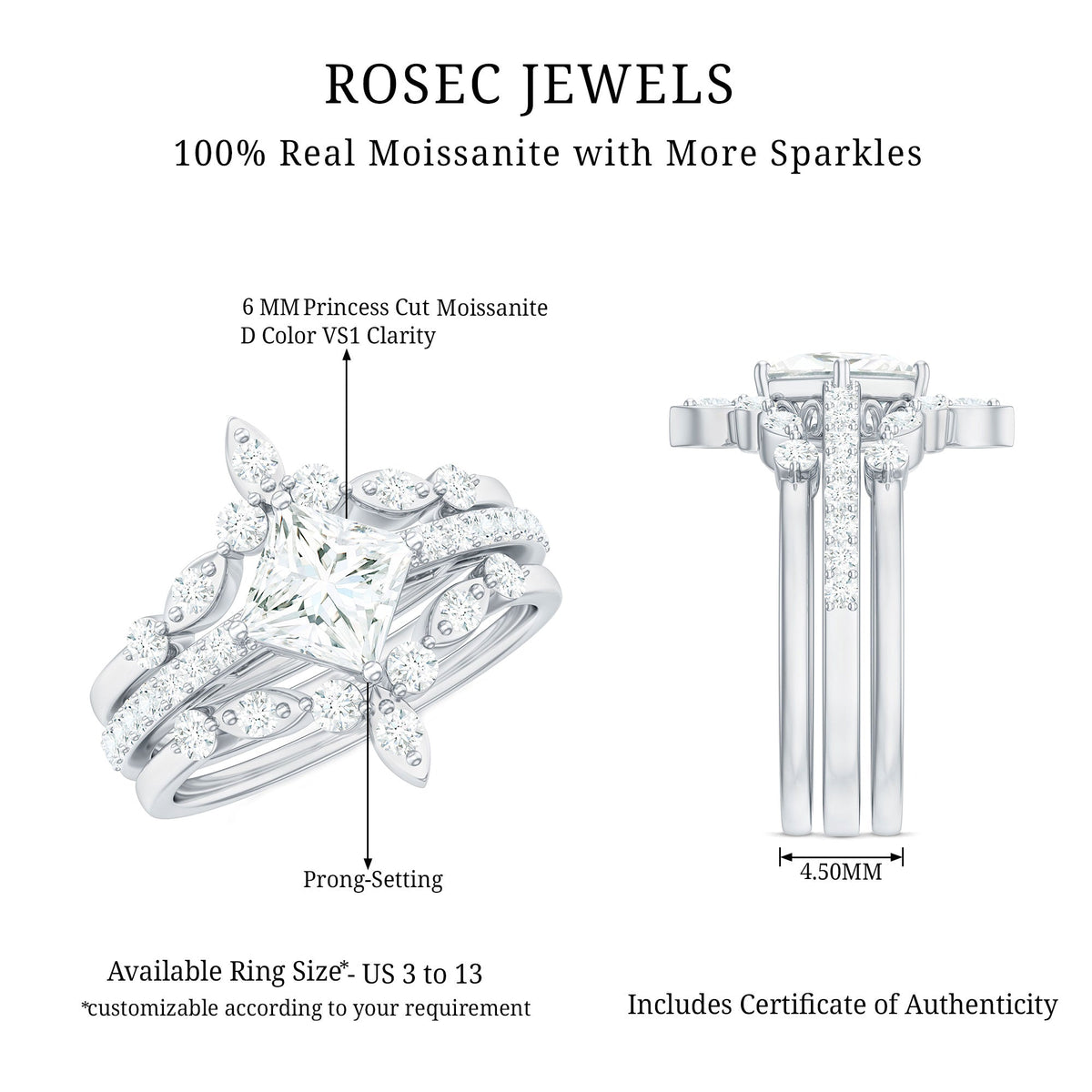 Classic Trio Bridal Ring Set with Princess and Round Cut Moissanites