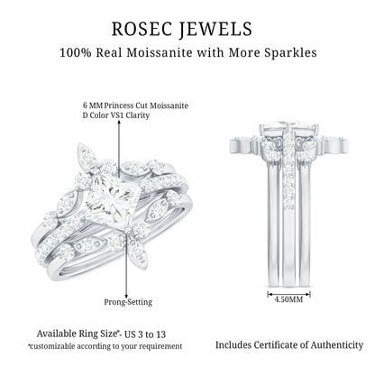 Classic Trio Bridal Ring Set with Princess and Round Cut Moissanites