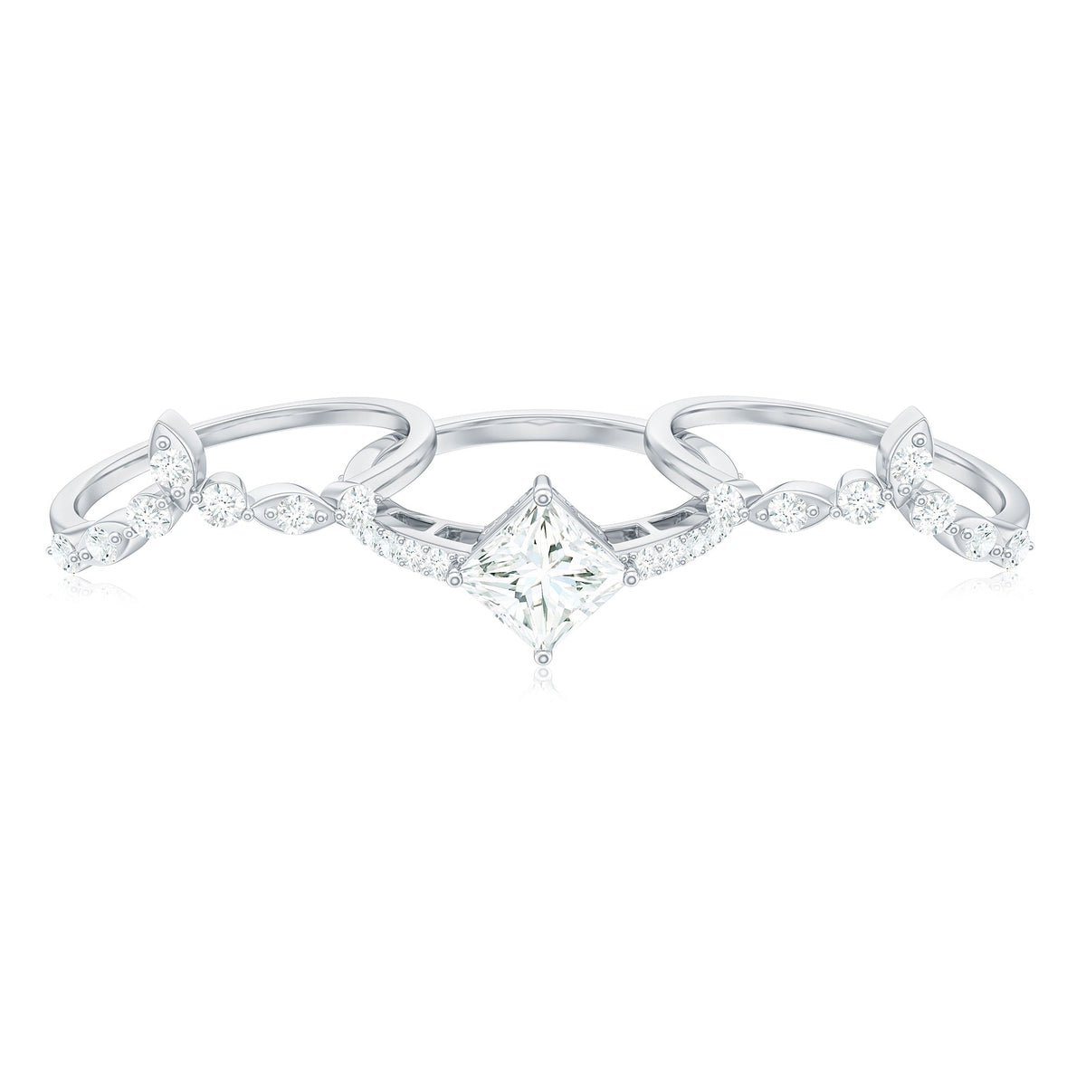 Classic Trio Bridal Ring Set with Princess and Round Cut Moissanites