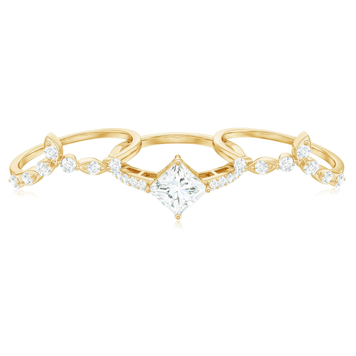 Classic Trio Bridal Ring Set with Princess and Round Cut Moissanites