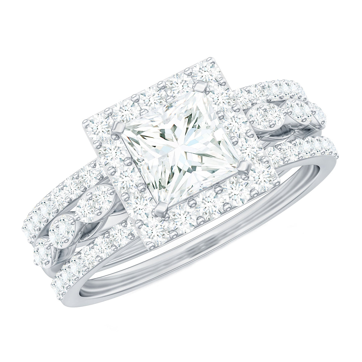 Princess Cut Moissanite Halo Engagement Ring with Wedding Bands