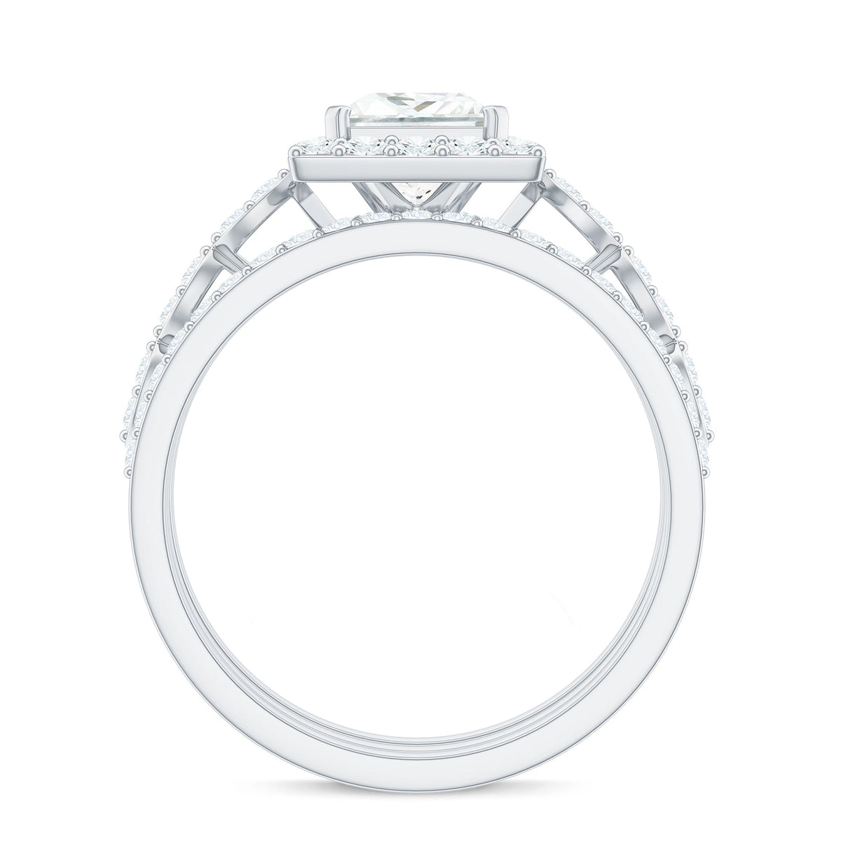 Princess Cut Moissanite Halo Engagement Ring with Wedding Bands