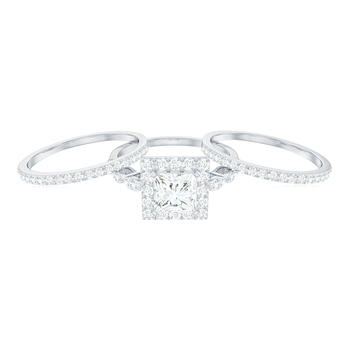 Princess Cut Moissanite Halo Engagement Ring with Wedding Bands