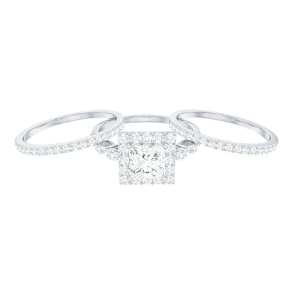 Princess Cut Moissanite Halo Engagement Ring with Wedding Bands