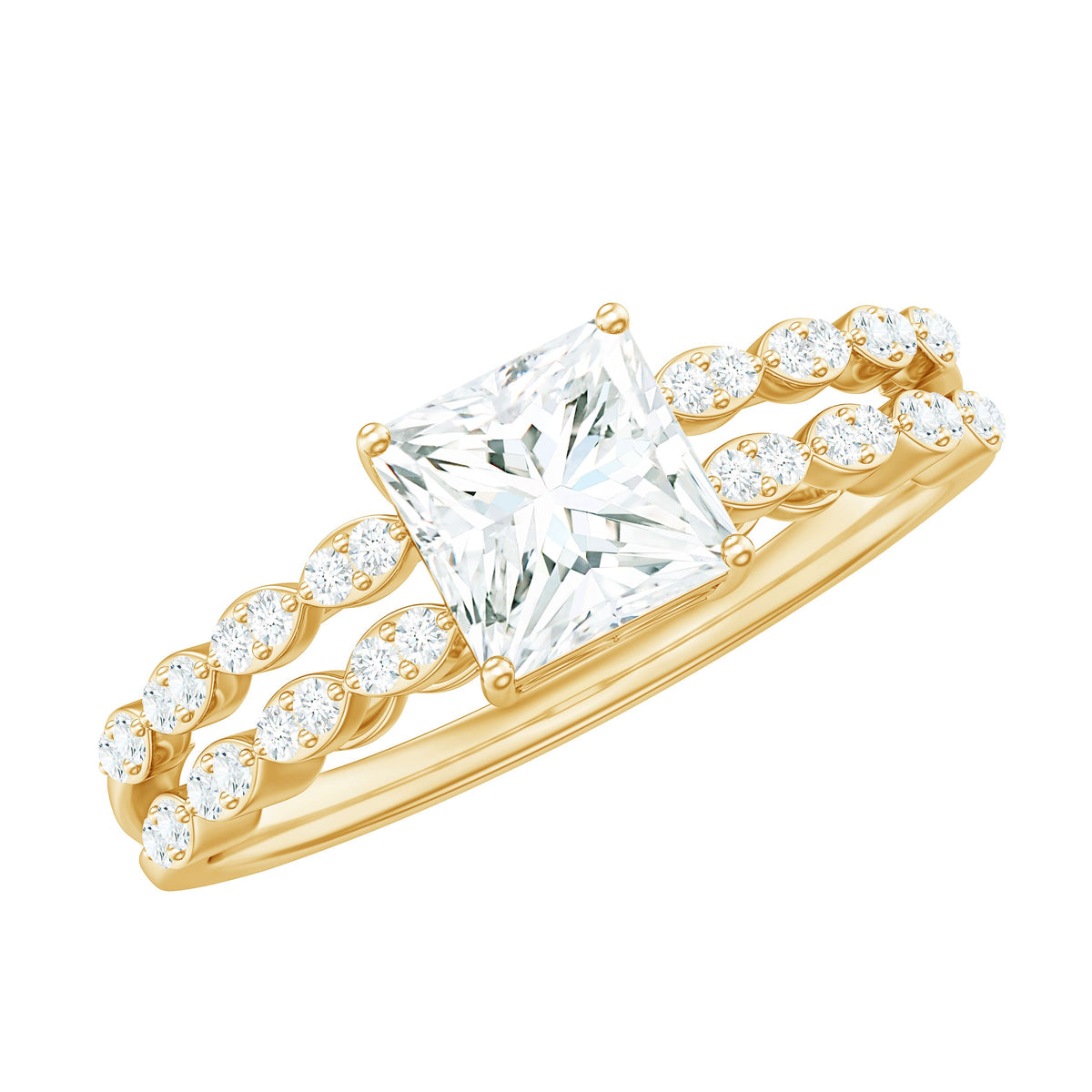Certified Moissanite Princess Cut Engagement Ring in Double Band