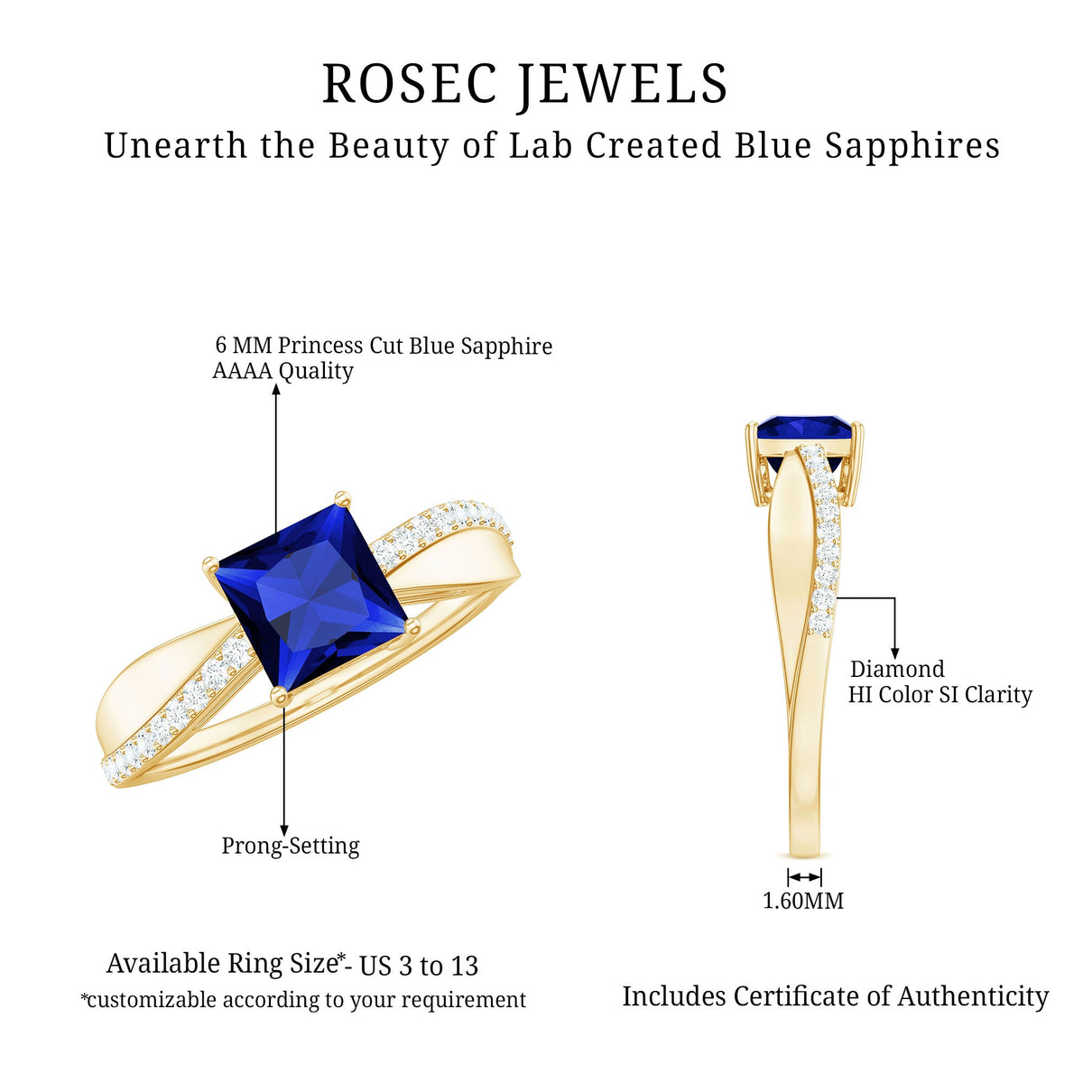 Certified 1.5 Carat Lab Grown Blue Sapphire Princess Cut Engagement Ring with Diamond