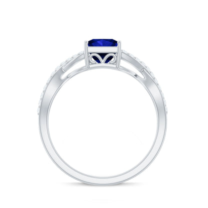1.5 Carat Lab Grown Blue Sapphire Princess Cut Engagement Ring with Diamond Crossover Shank