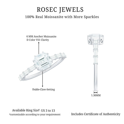 Asscher Cut Moissanite Engagement Ring with Baguette Side Stones