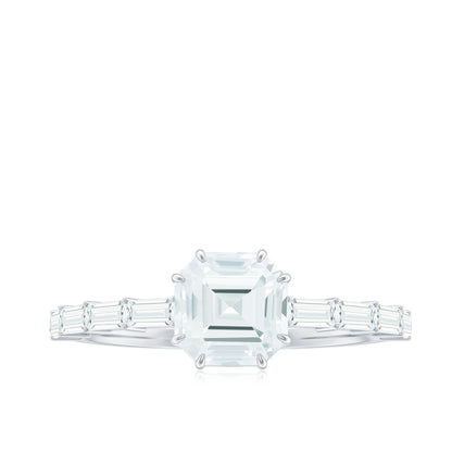 Asscher Cut Moissanite Engagement Ring with Baguette Side Stones