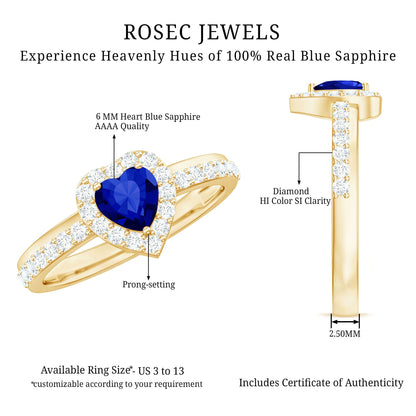Certified 0.9 Carat Lab Grown Blue Sapphire Heart Engagement Ring with Diamond Halo