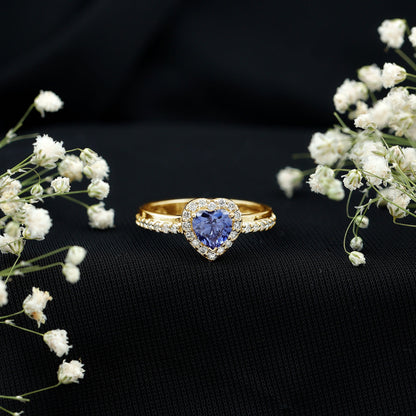 Certified 0.9 Carat Lab Grown Blue Sapphire Heart Engagement Ring with Diamond Halo