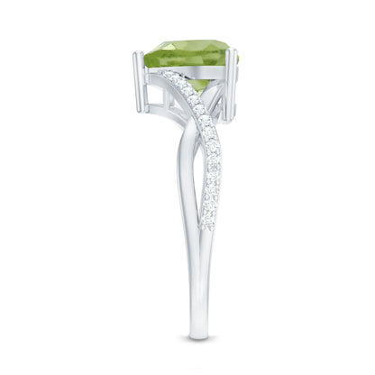 Natural 2 Carat Peridot Heart Engagement Ring with Diamond Crossover Shank