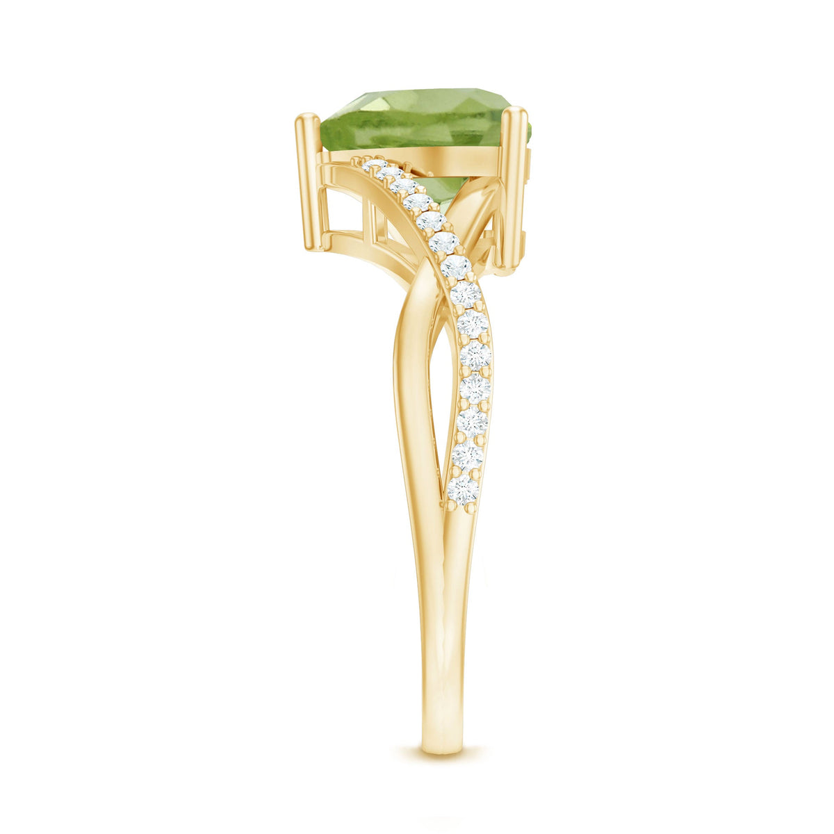 Natural 2 Carat Peridot Heart Engagement Ring with Diamond Crossover Shank
