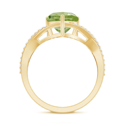 Natural 2 Carat Peridot Heart Engagement Ring with Diamond Crossover Shank