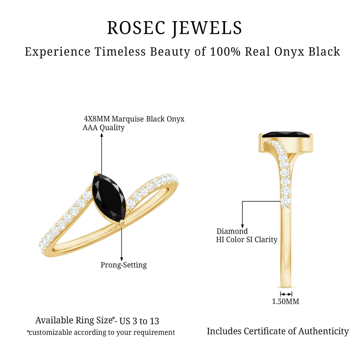 0.7 Carat Marquise Cut Black Onyx Promise Ring with Diamond Bypass Shank