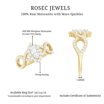 Marquise Moissanite Criss Cross Engagement Ring with Halo