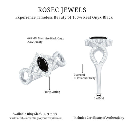 0.7 Carat Marquise Cut Black Onyx Statement Engagement Ring with Diamond Halo