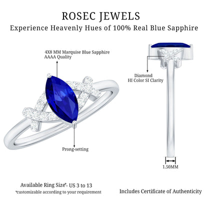 Certified 0.75 Carat Lab Grown Blue Sapphire Marquise Engagement Ring with Diamond