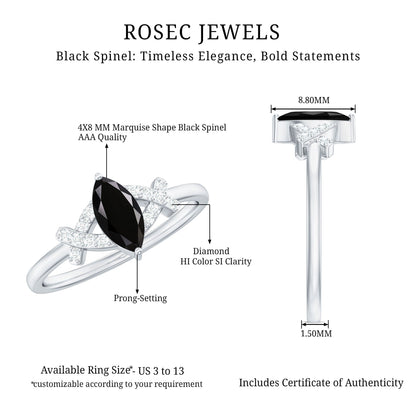 Natural Black Spinel Marquise Engagement Ring with Diamond