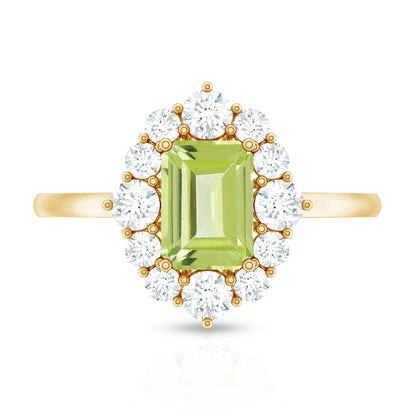 Natural 1.8 Carat Peridot Emerald Cut Engagement Ring with Diamond Halo
