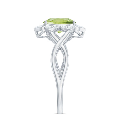 Natural 1 Carat Oval Peridot Flower Engagement Ring with Diamond