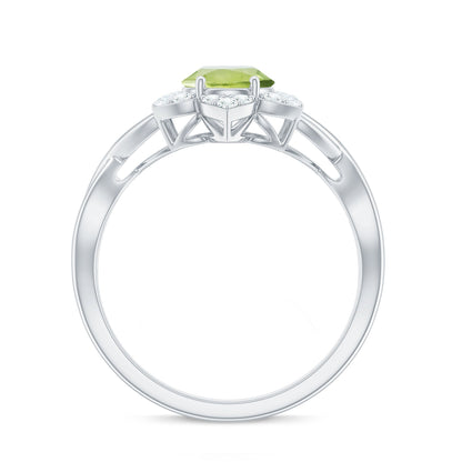 Natural 1 Carat Oval Peridot Flower Engagement Ring with Diamond