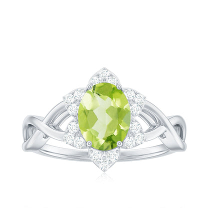 Natural 1 Carat Oval Peridot Flower Engagement Ring with Diamond