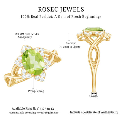 Natural 1 Carat Oval Peridot Flower Engagement Ring with Diamond