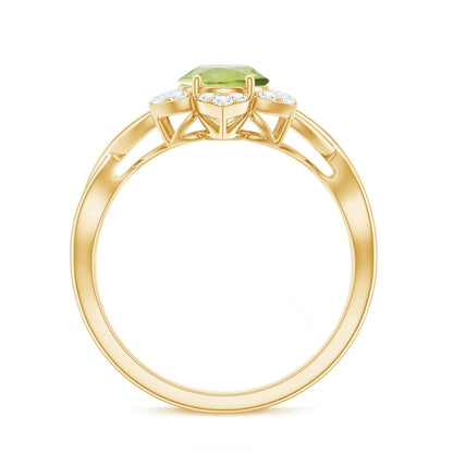 Natural 1 Carat Oval Peridot Flower Engagement Ring with Diamond
