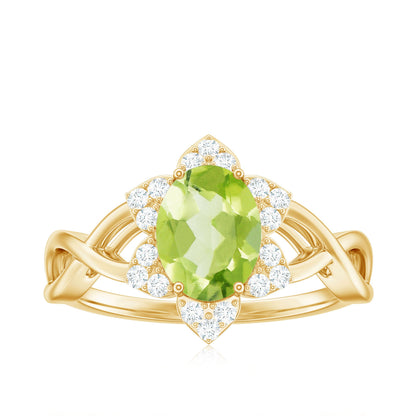Natural 1 Carat Oval Peridot Flower Engagement Ring with Diamond