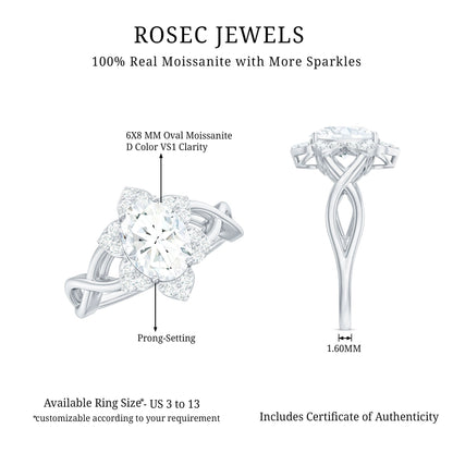 Certified Moissanite Flower Halo Engagement Ring with Criss Cross Band