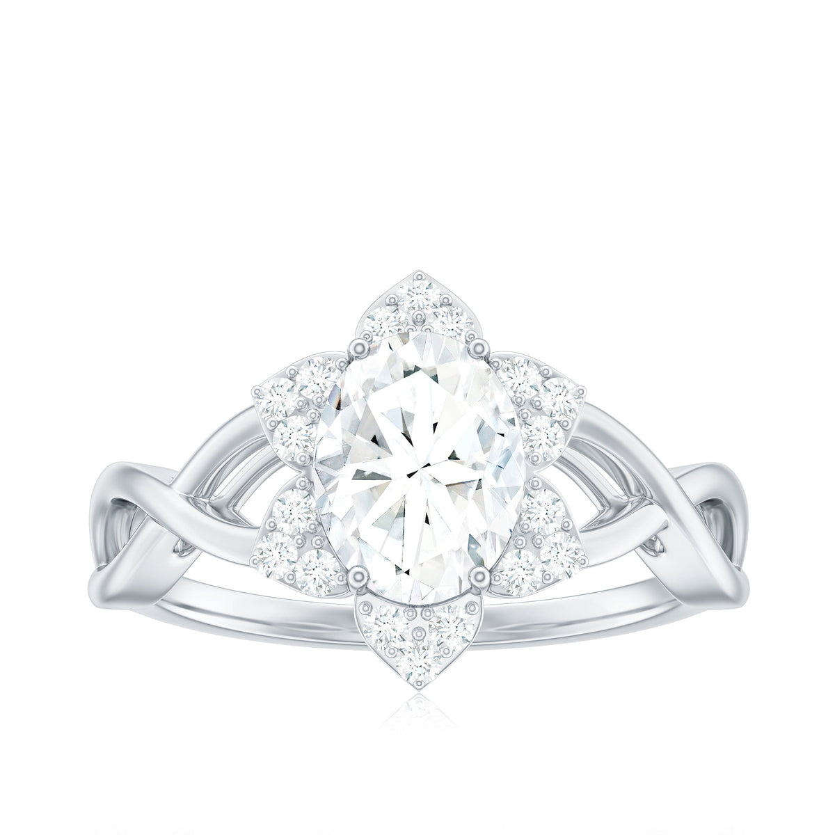 Certified Moissanite Flower Halo Engagement Ring with Criss Cross Band