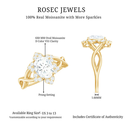 Certified Moissanite Flower Halo Engagement Ring with Criss Cross Band