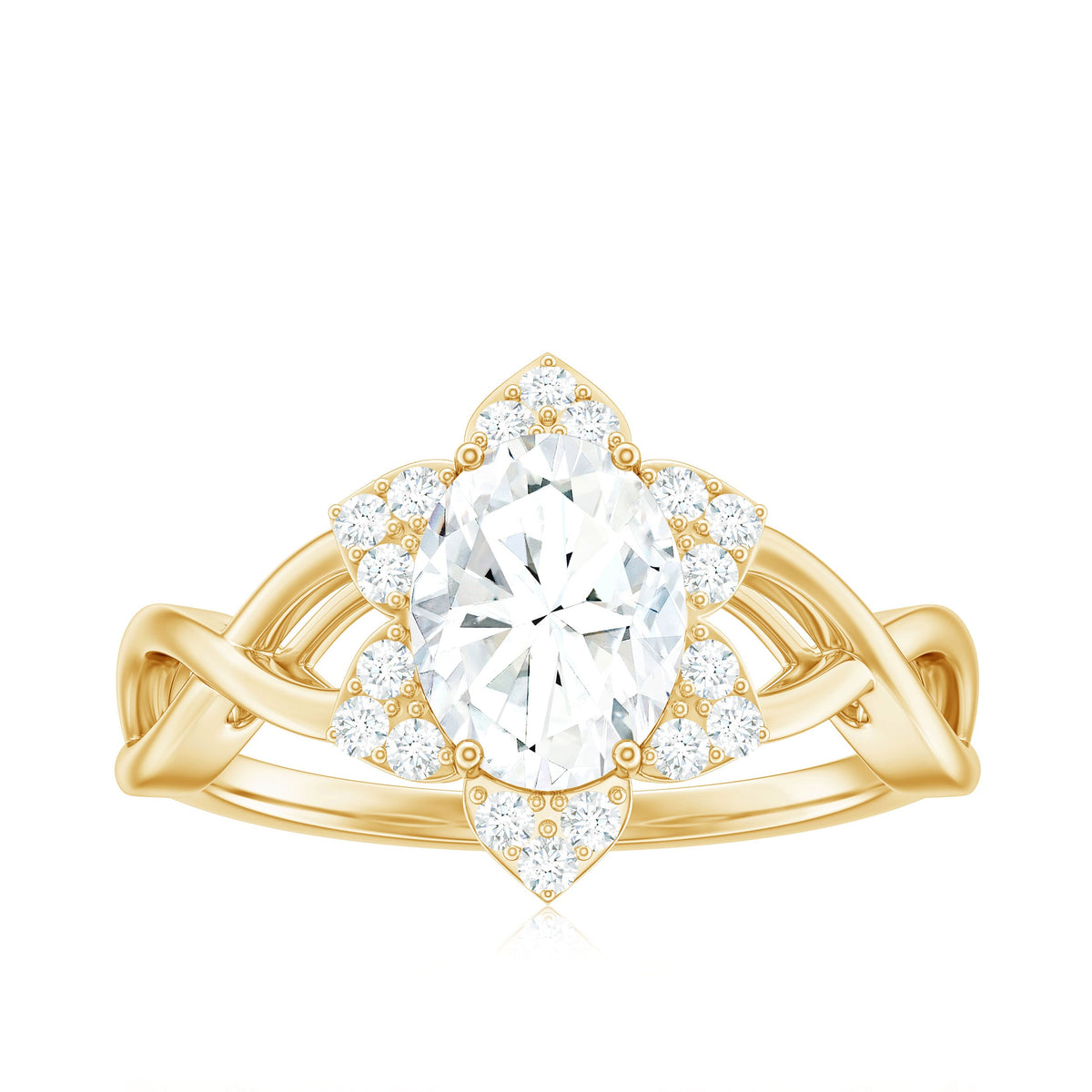 Certified Moissanite Flower Halo Engagement Ring with Criss Cross Band