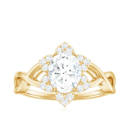 Certified Moissanite Flower Halo Engagement Ring with Criss Cross Band