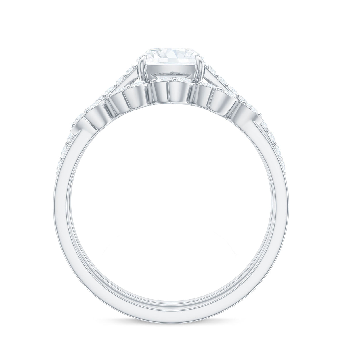 Claw Set Cushion Cut Moissanite Engagement Ring with Leaf Wedding Band
