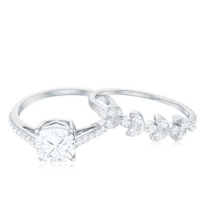 Claw Set Cushion Cut Moissanite Engagement Ring with Leaf Wedding Band