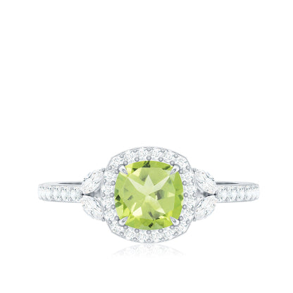 Natural 2 Carat Peridot Cushion Cut Engagement Ring with Diamond Halo