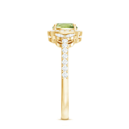 Natural 2 Carat Peridot Cushion Cut Engagement Ring with Diamond Halo