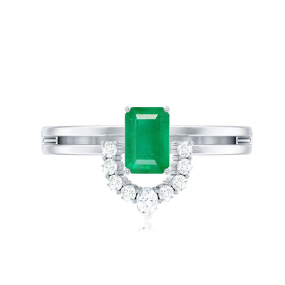 Natural Emerald Cut Emerald Double Band Engagement Ring with Diamond