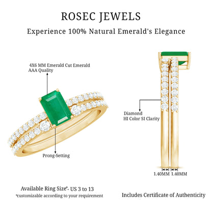 Genuine Emerald Diamond Emerald Cut Engagement Ring and Wedding Band Set