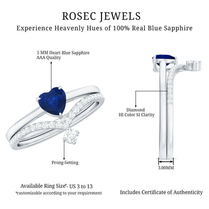 Heart Shape Blue Sapphire Solitaire Wedding Ring Set with Diamond