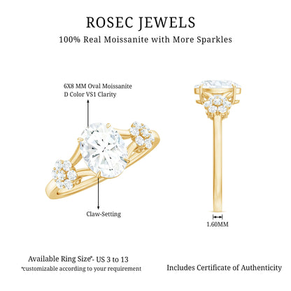 Oval Cut Moissanite Flower Engagement Ring in Split Shank