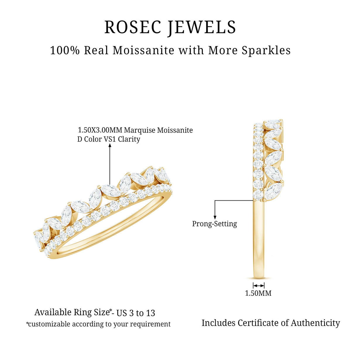 Certified Moissanite Half Eternity Wedding Band in Crown Style