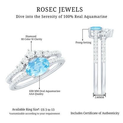 Real Oval Aquamarine Diamond East West Engagement Ring and Wedding Band Set